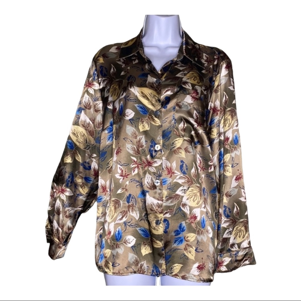 Naomi Satin Feel Floral Shimmery Gold Green Collar Button Up Vintage LG